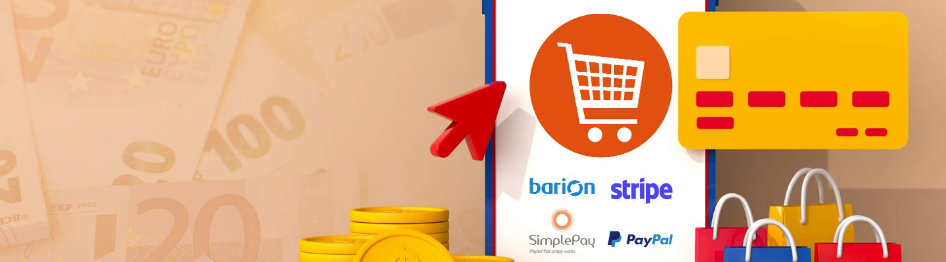 Online credit card payment banner image with barion, stripe, simple pay, and paypal logos